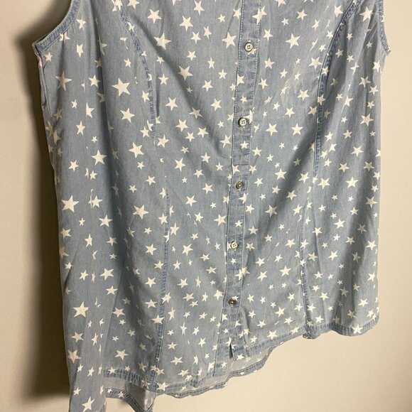 Catherines Star Print Button Up Tank Top Lace Back Womens 0X or 16W Blue - Picture 4 of 6
